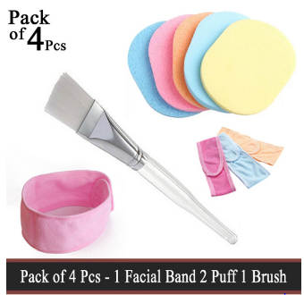 Pack of 4 Pcs | Facial Hair Band | Facial Mixing Brush | Sponge Puff